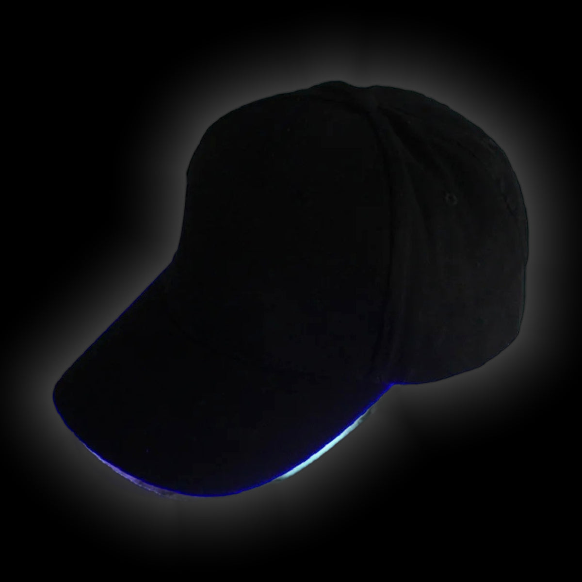 black rave baseball cap with blue LED light-up brim