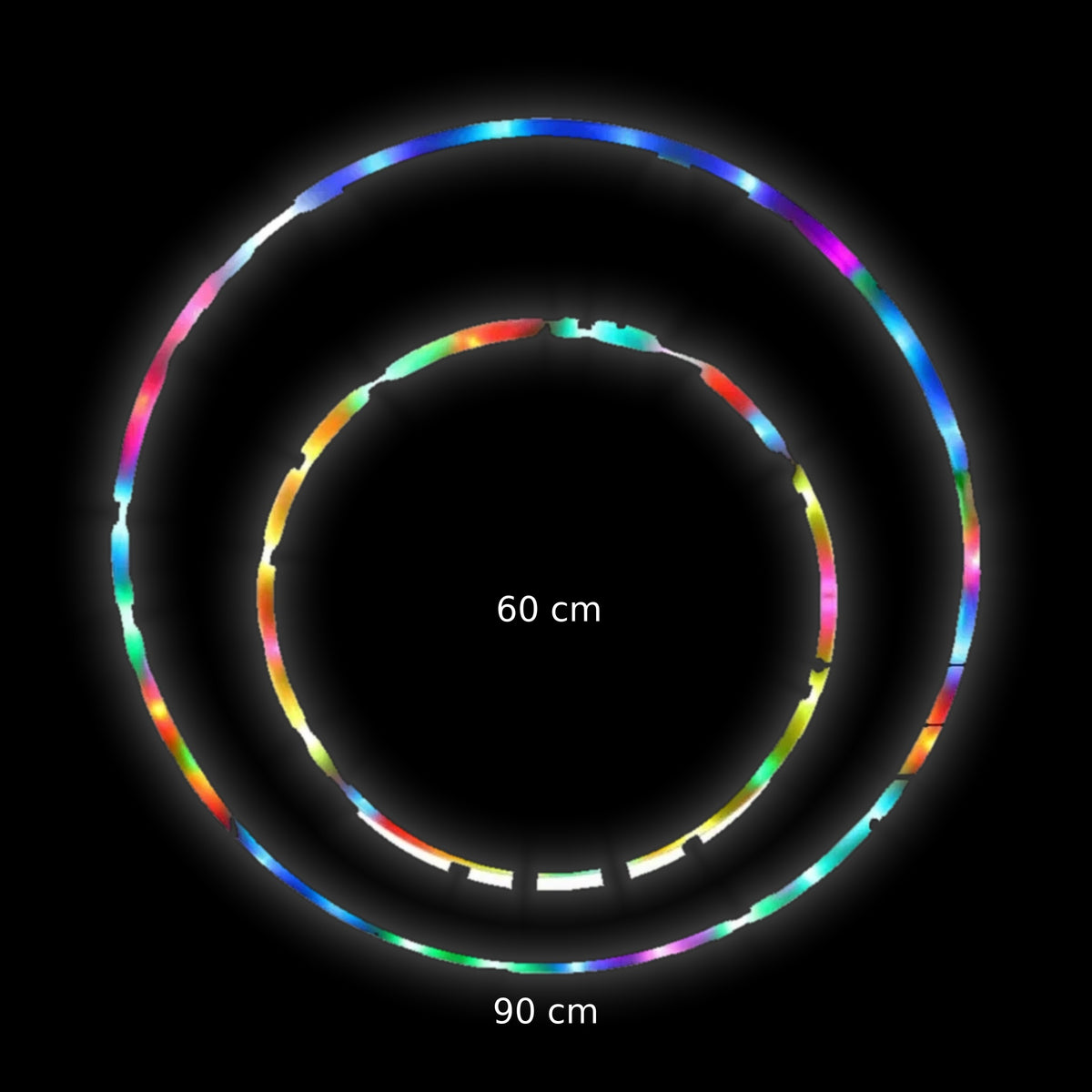 60 cm and 90 cm LED light-up hula hoops for festival flow, size comparison