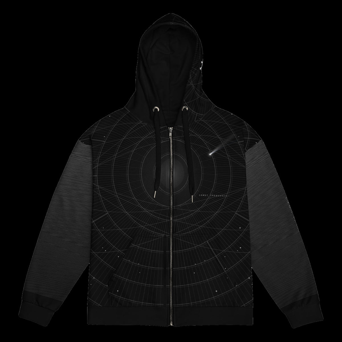 Afterhours Zip Hoodie: black rave zip hoodie with grey comet and orbit ring design, front view