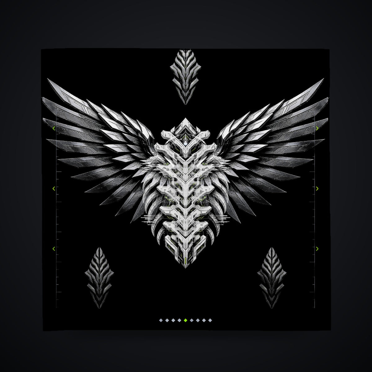 Armor Spine Bandana: black rave bandana with chrome feathered wings and biomech spine design, flat view