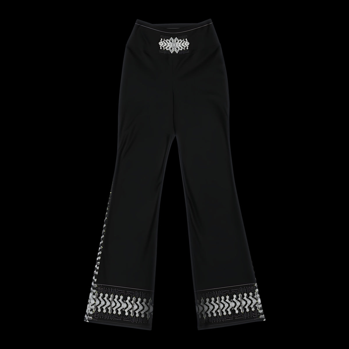 Armor Spine flare leggings in black, front view laid flat