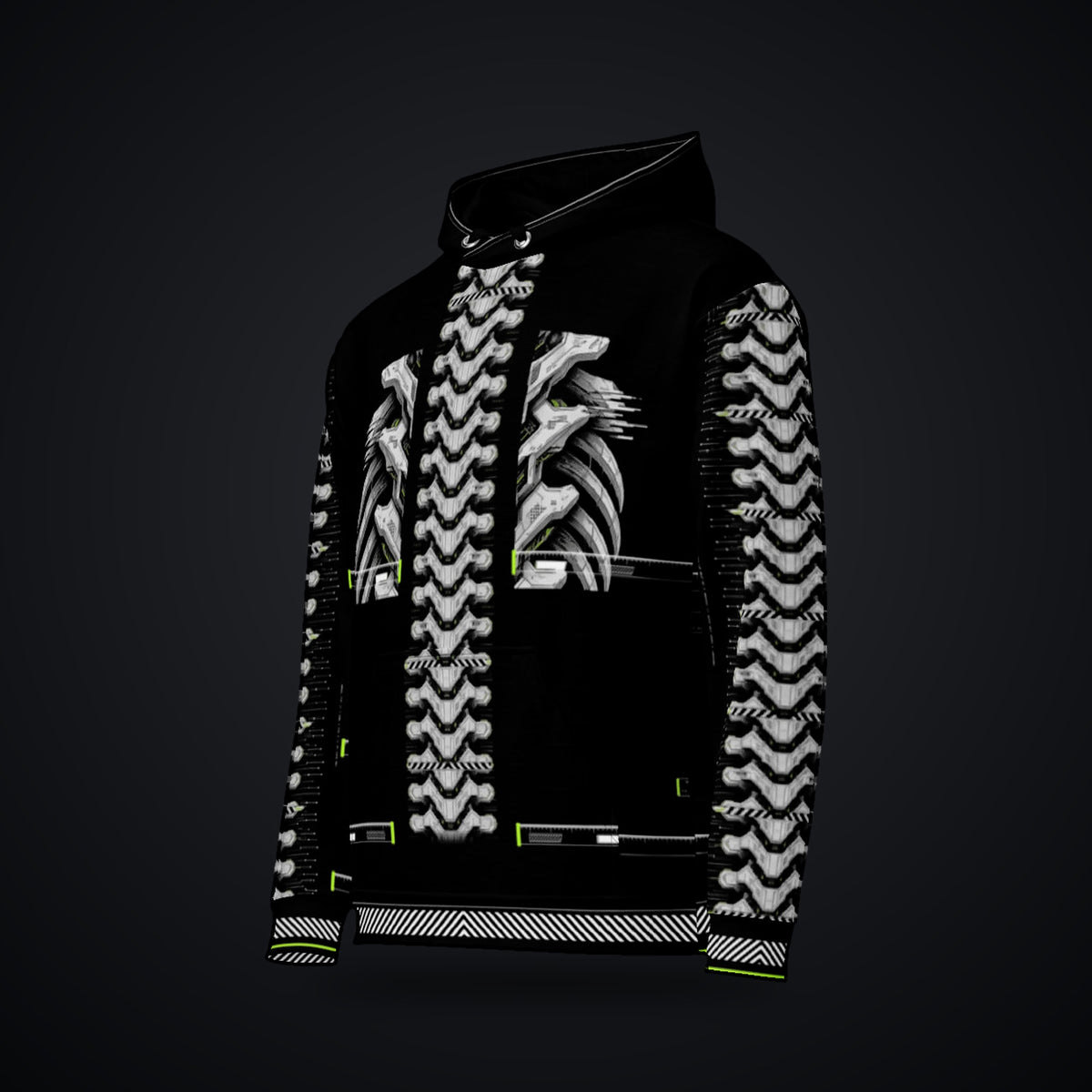 Armor Spine Hoodie: black rave hoodie with chrome biomech armor spine design with neon green accents, left front view