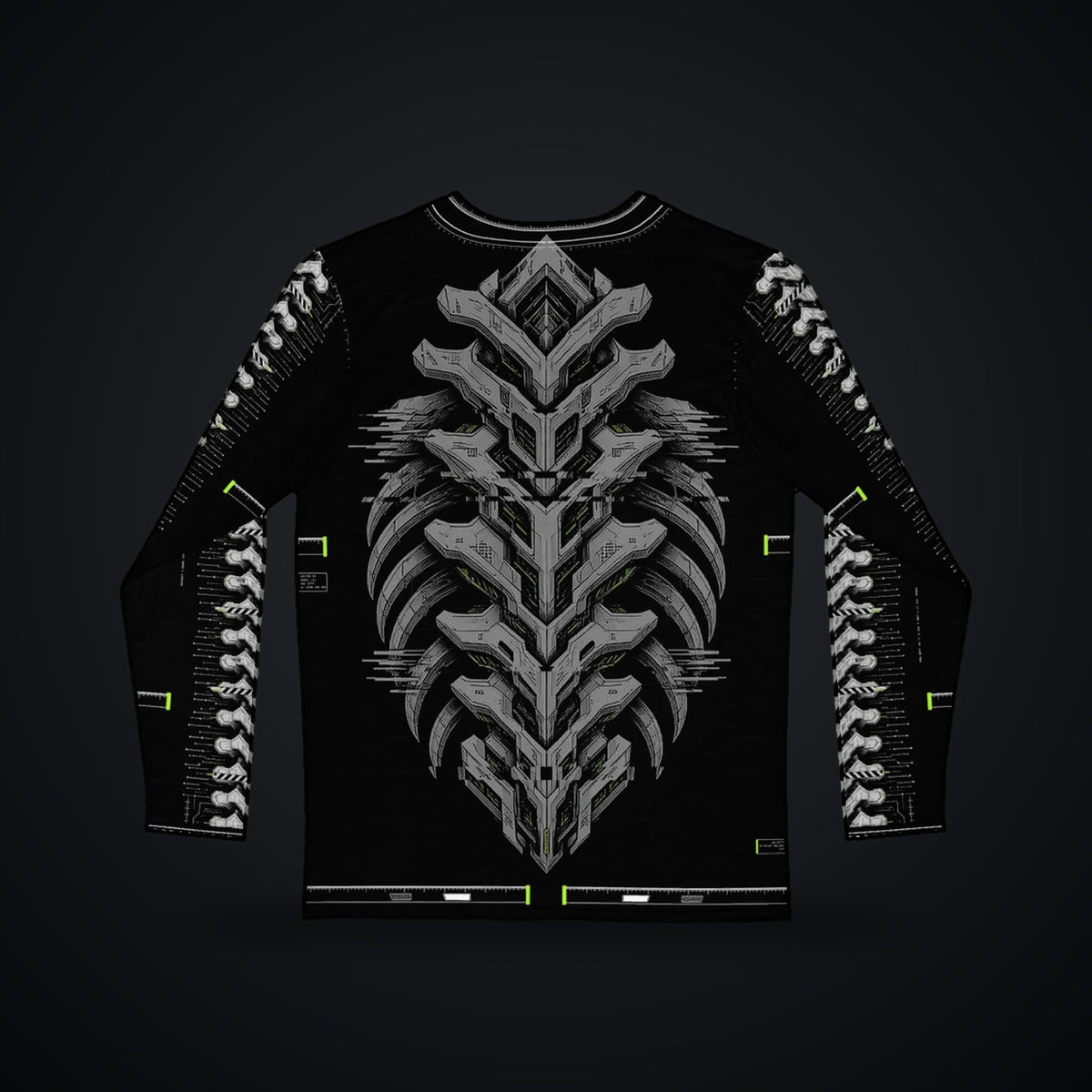 Armor Spine Long Sleeve: black rave long sleeve shirt with chrome biomech armor spine design with neon green accents, back view