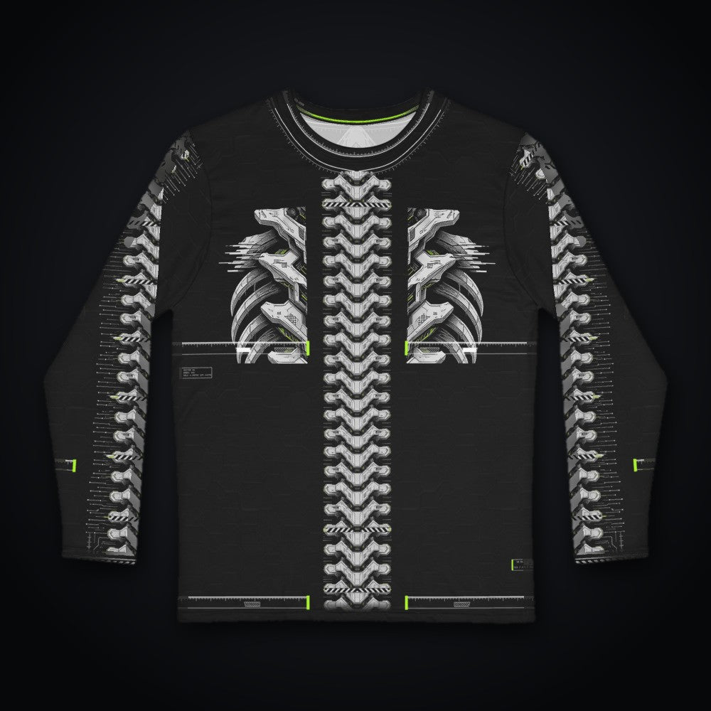 Armor Spine Long Sleeve: black rave long sleeve shirt with chrome biomech armor spine design with neon green accents