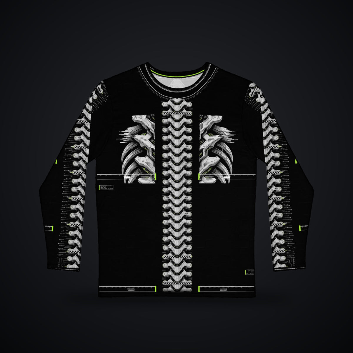 Armor Spine Long Sleeve: black rave long sleeve shirt with chrome biomech armor spine design with neon green accents, front view
