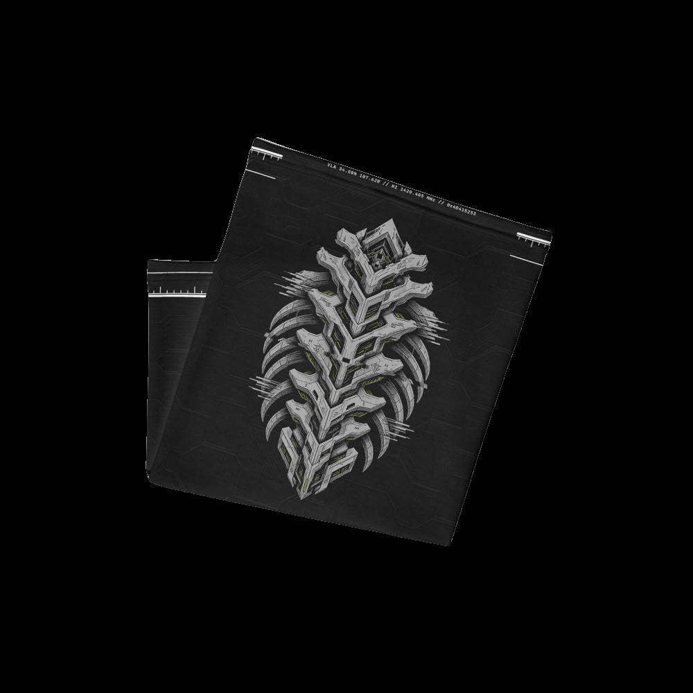 Armor Spine Neck Gaiter: black rave neck gaiter with chrome biomech armor spine design, folded view