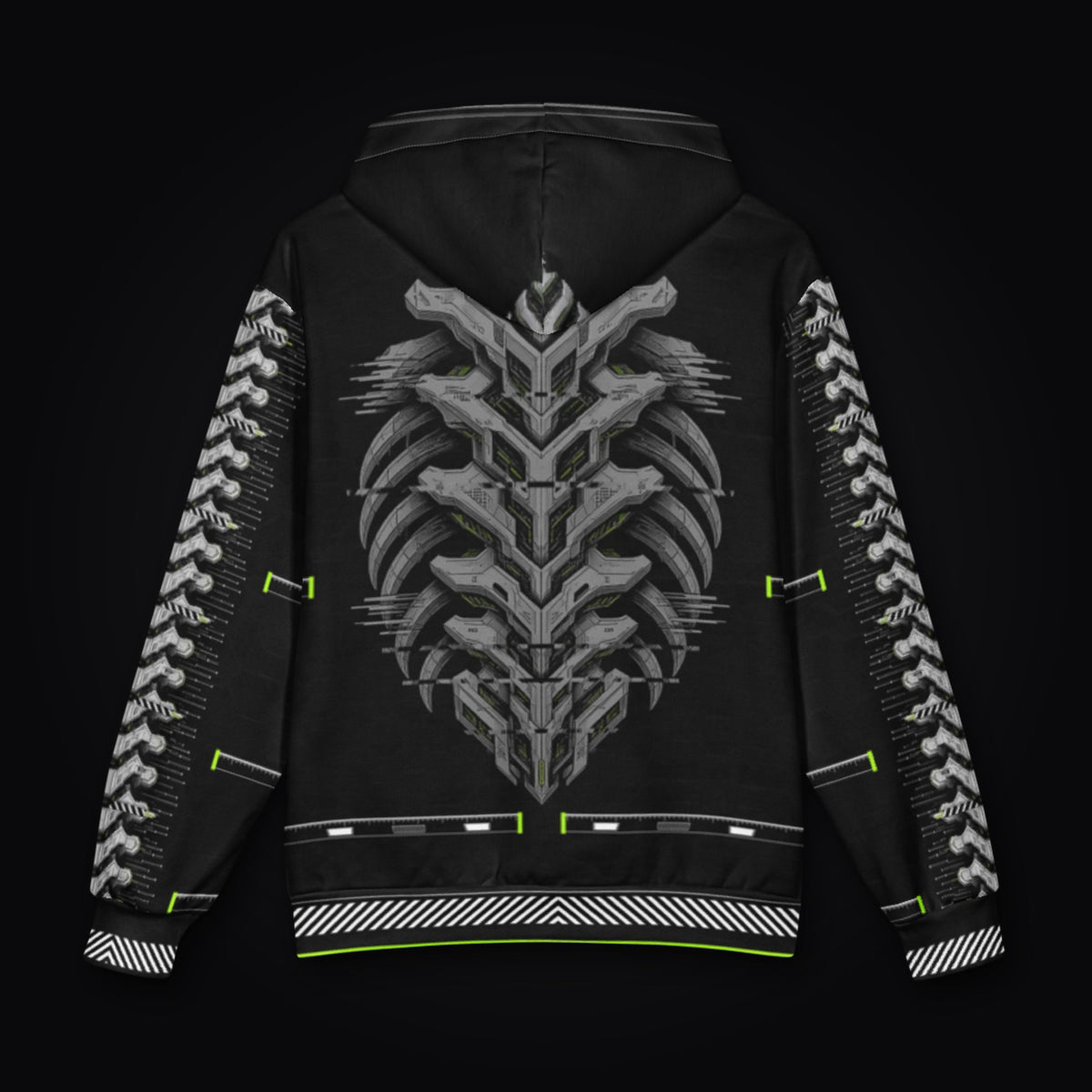 Armor Spine Oversized Cotton Hoodie: black oversized rave hoodie with chrome biomech armor spine design, back view