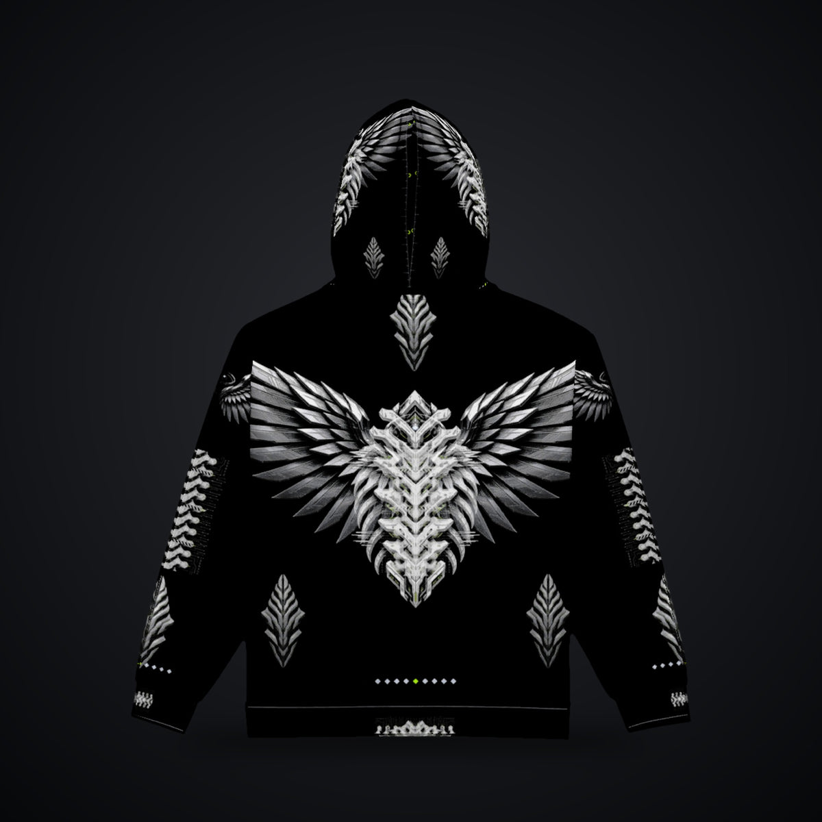 Armor Spine Zip Hoodie: black rave zip hoodie with chrome feathered wing and biomech spine design, back view