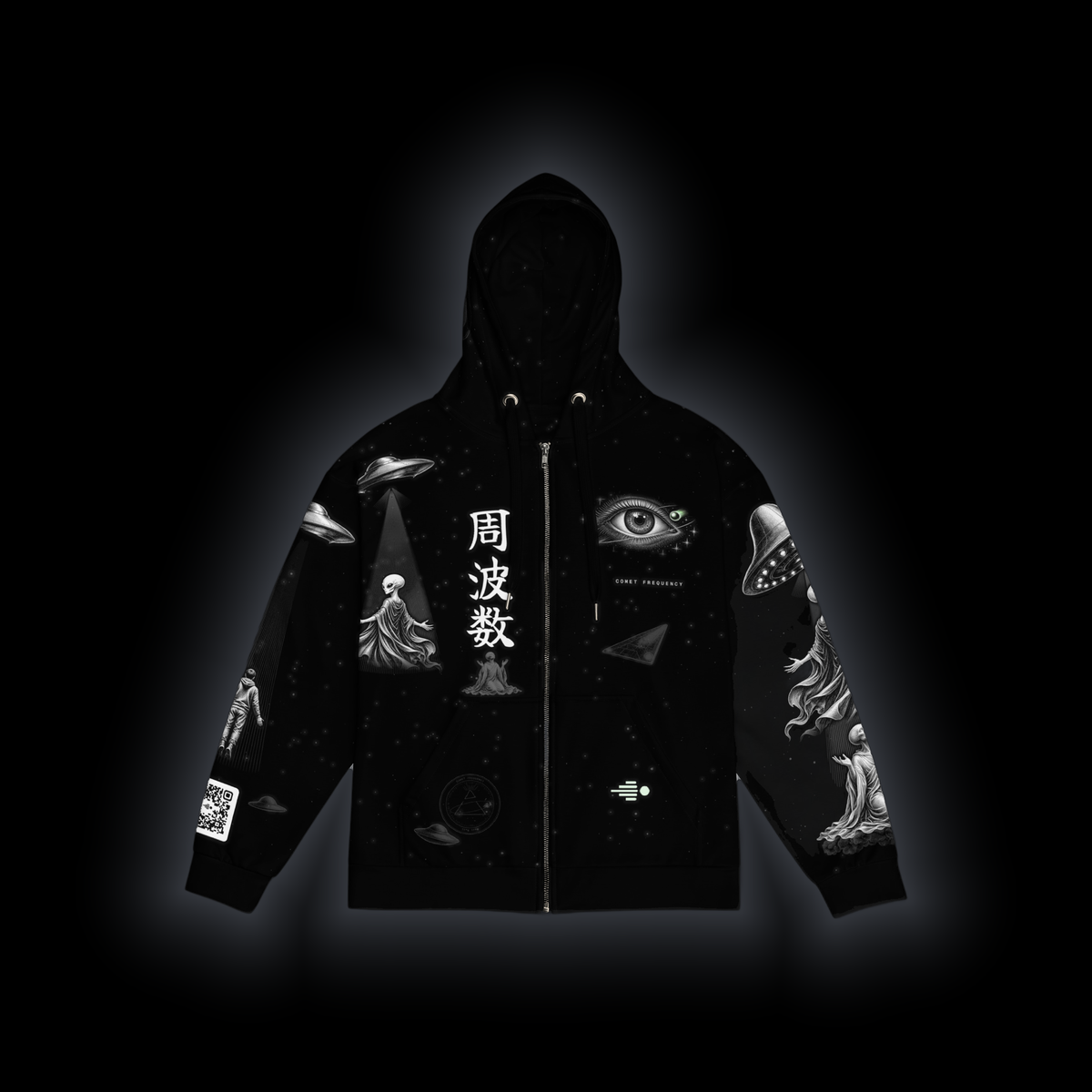 Coordinates Unknown zip hoodie laid flat, front: 周波数 kanji beside the zip, an eye design, saucers and light beams across the chest and sleeves