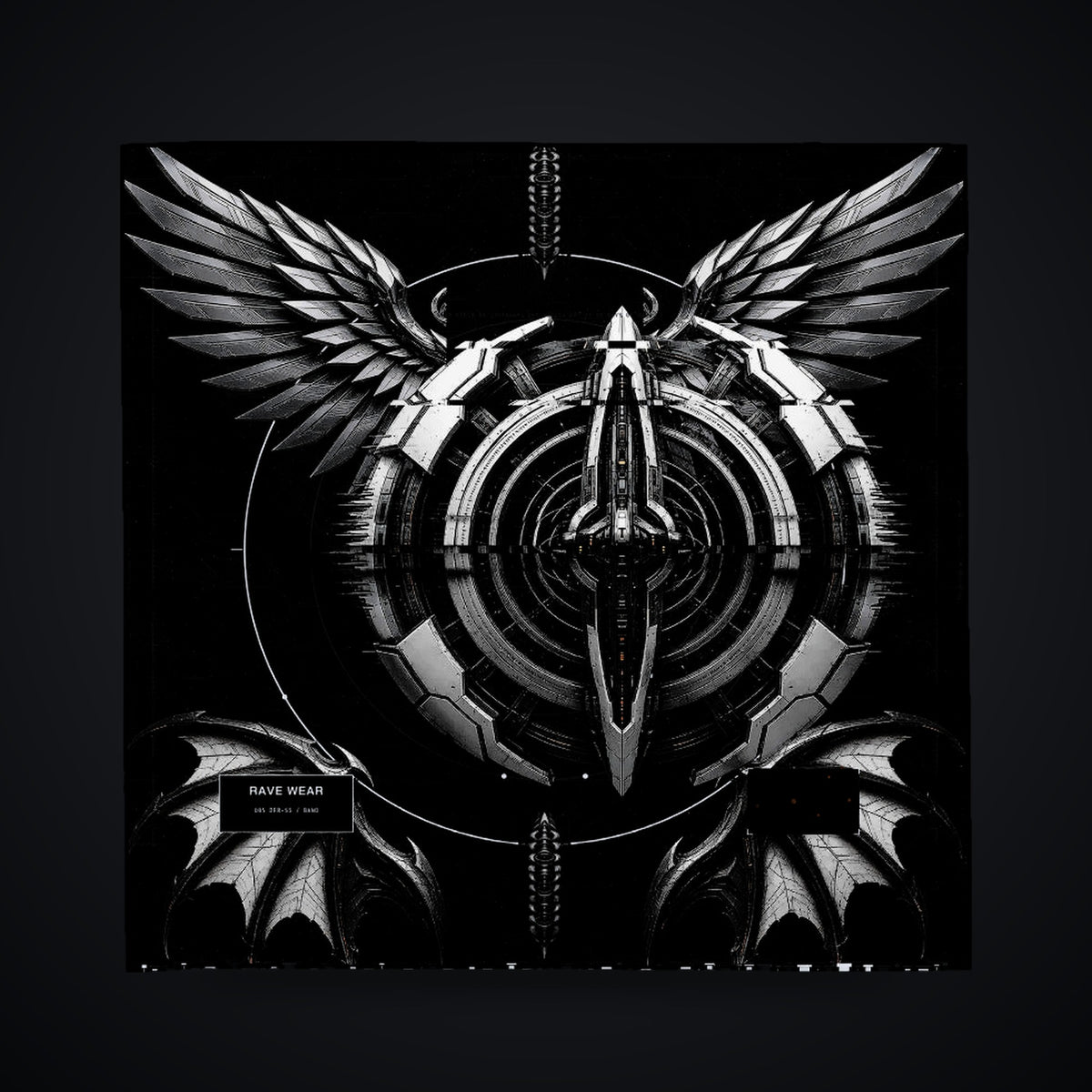 Deep Field Rite Bandana: black rave bandana with chrome star chart design with angel wings, front view