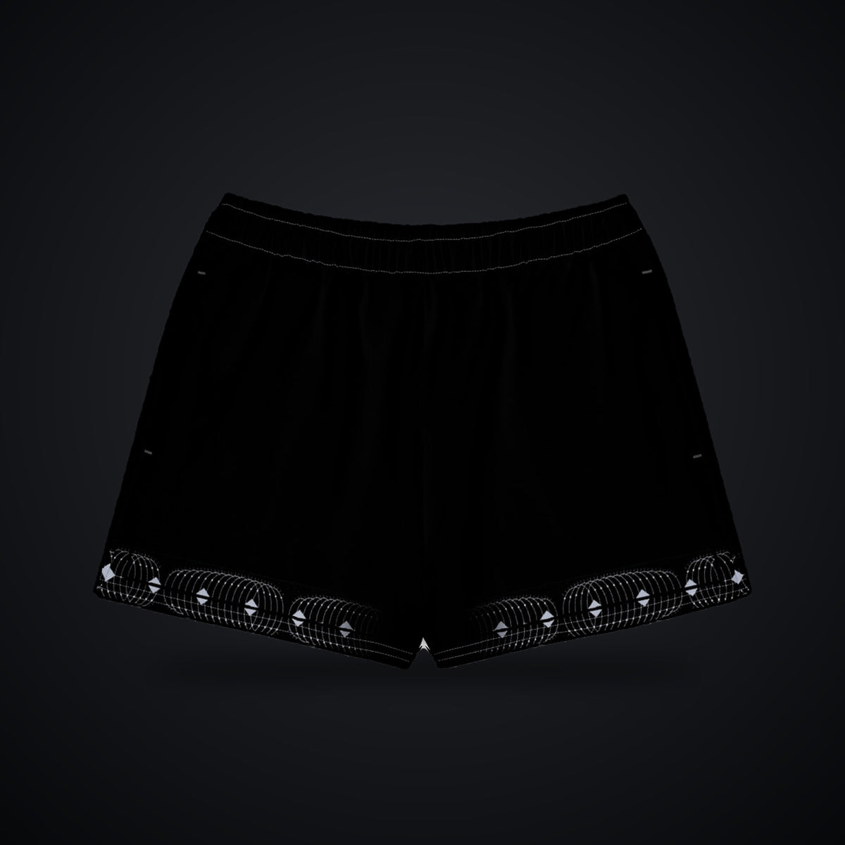 Deep Field Rite Cotton Shorts: black rave cotton shorts with Deep Field Rite design on the outer leg rails and hem, front view