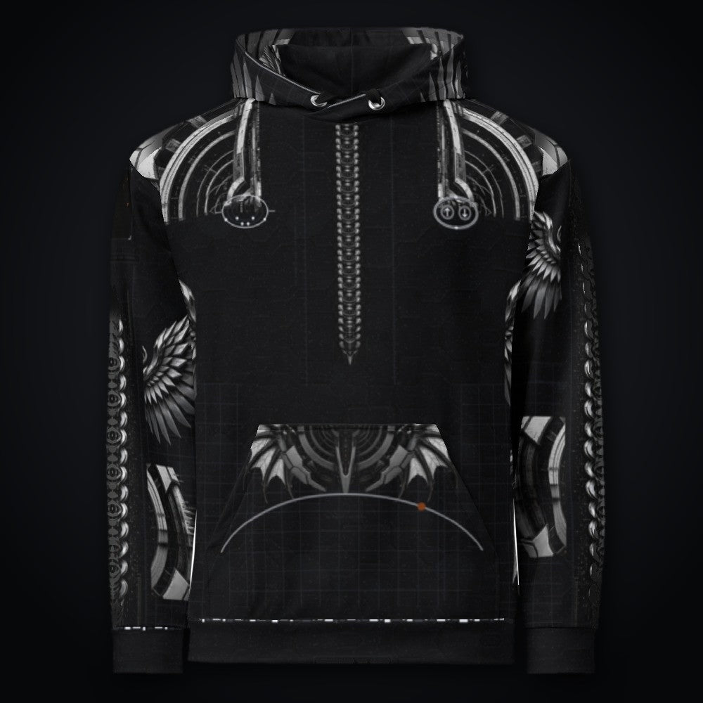 Deep Field Rite Hoodie: black rave hoodie with chrome star chart design with angel wings