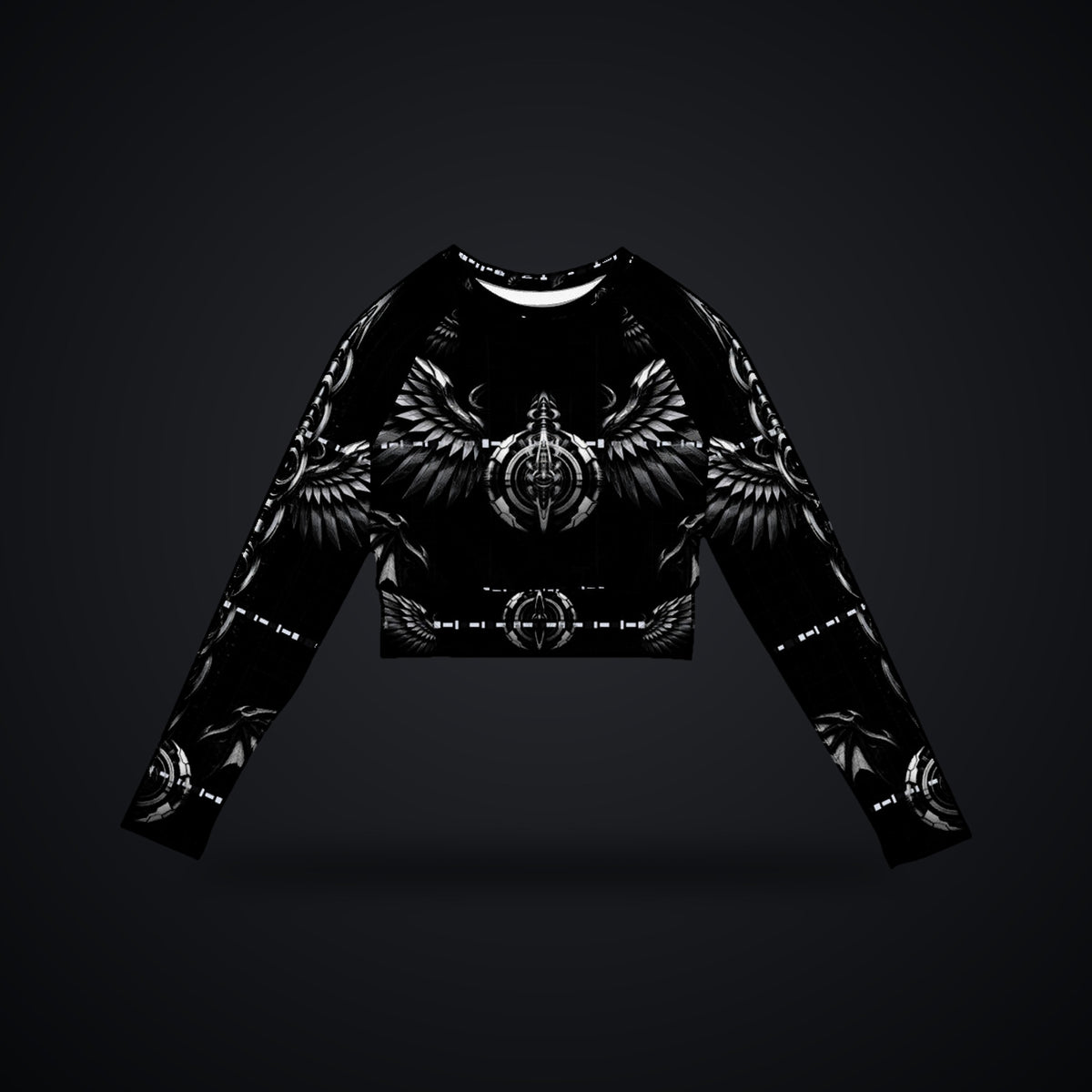 Deep Field Rite Long Sleeve Crop Top: black rave long sleeve crop top with white and grey angel and demon wing design, front view