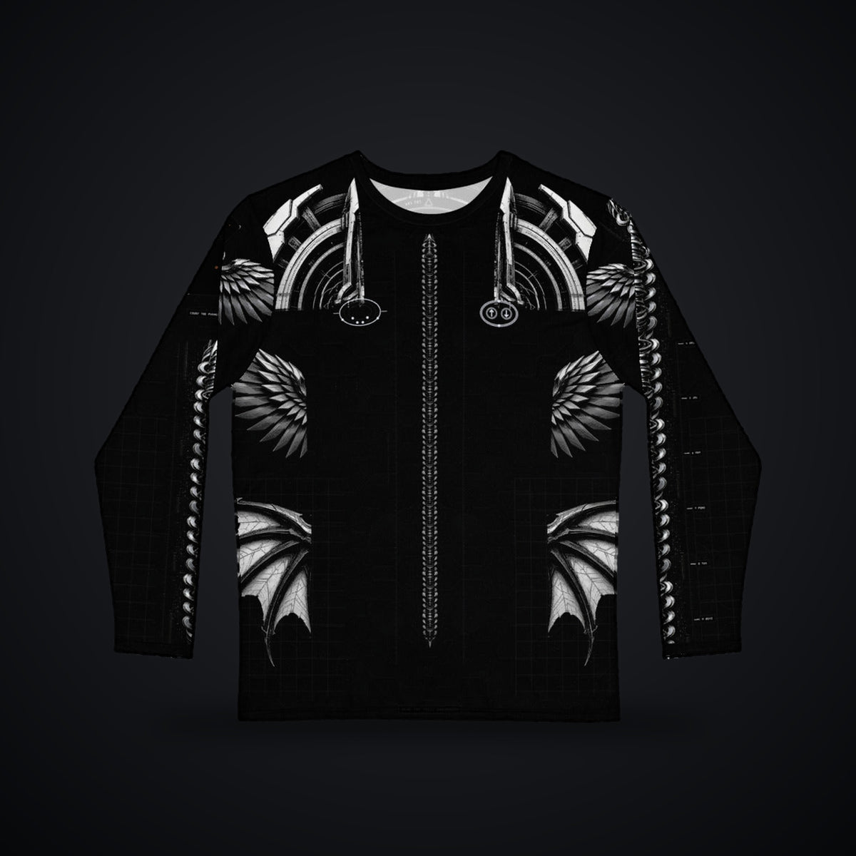Deep Field Rite Long Sleeve: black rave long sleeve shirt with chrome star chart design with angel wings, front view