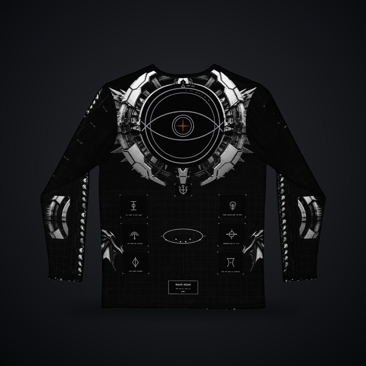 Deep Field Rite Long Sleeve: black rave long sleeve shirt with chrome star chart design with angel wings, back view