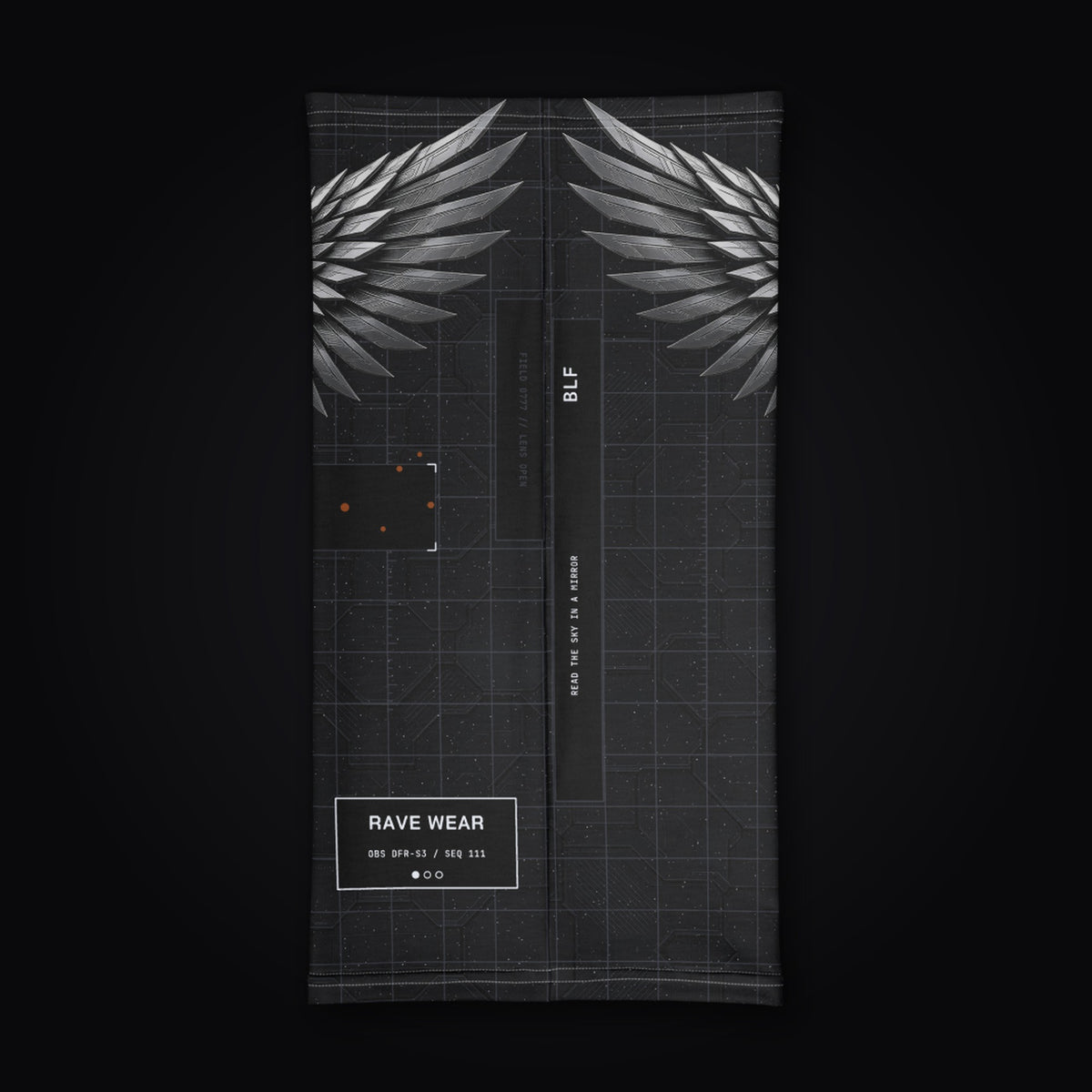 Deep Field Rite Neck Gaiter: black rave neck gaiter with chrome star chart design with angel wings, back view