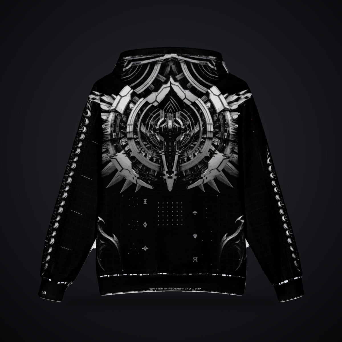 Deep Field Rite Oversized Cotton Hoodie: black oversized rave hoodie with chrome star chart design with angel wings, back view