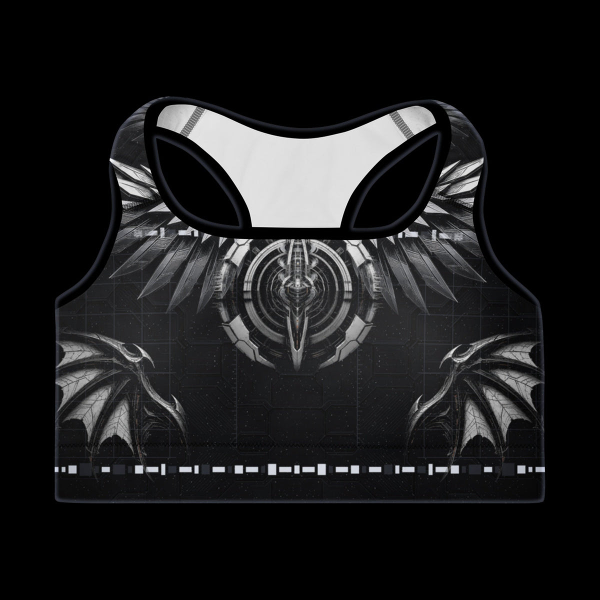 Deep Field Rite padded sports bra in black, front view, winged emblem artwork