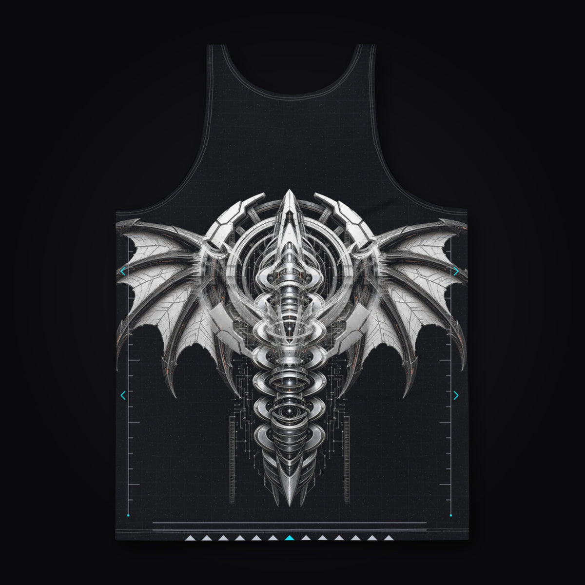 Deep Field Rite Tank Top: black rave tank top with chrome bat-winged orbit crest and spine design, back view