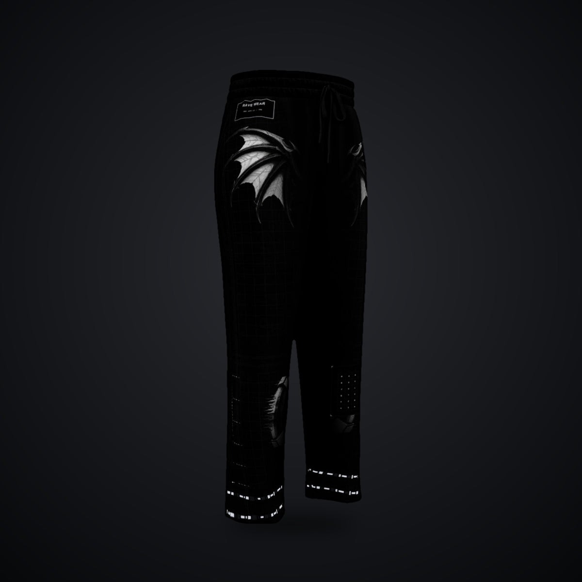 Deep Field Rite Wide-Leg Joggers: black wide-leg rave joggers with chrome demon wing and grid design, front view