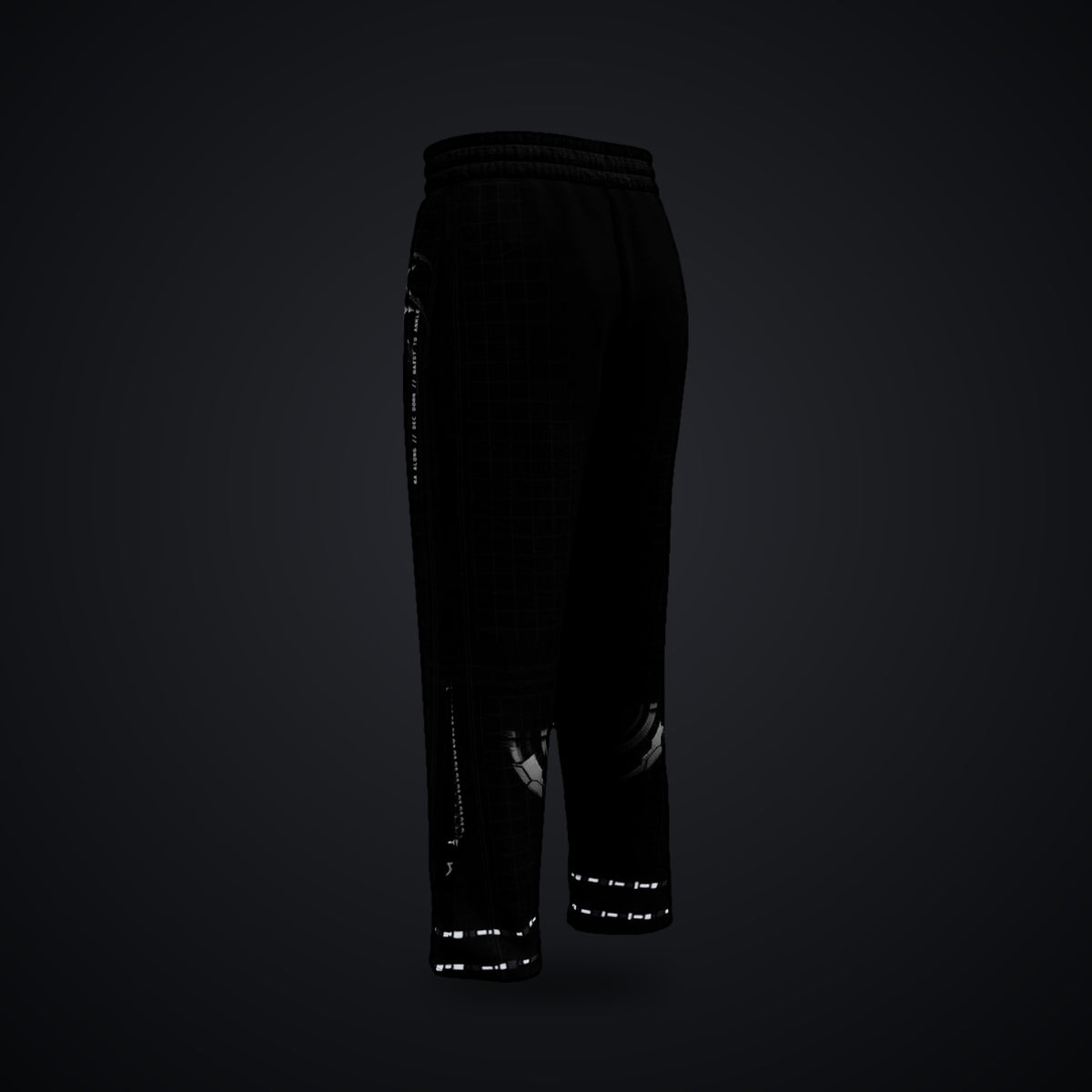 Deep Field Rite Wide-Leg Joggers: black wide-leg rave joggers with chrome demon wing and grid design, side view