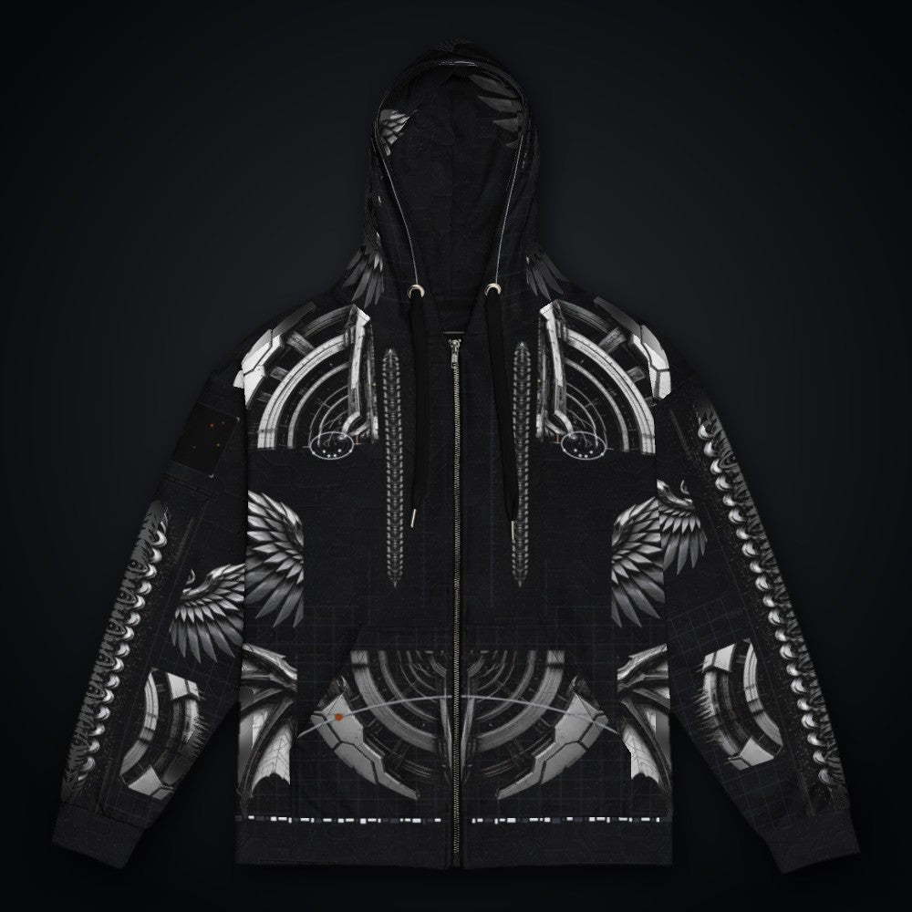 Deep Field Rite Zip Hoodie: black rave zip hoodie with chrome star chart design with angel wings