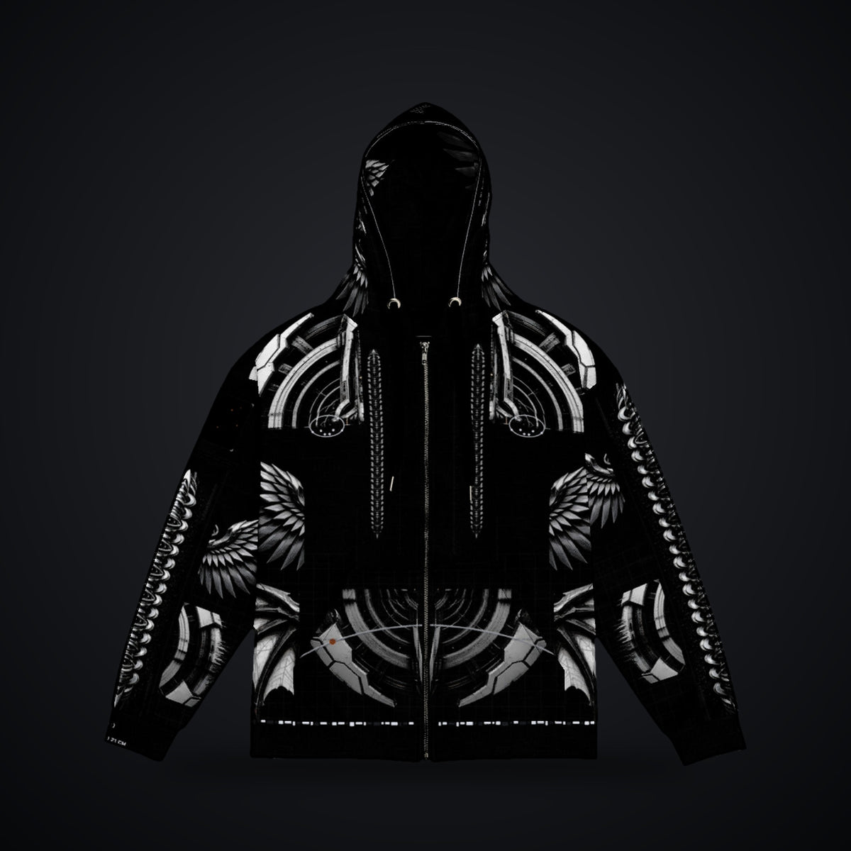 Deep Field Rite Zip Hoodie: black rave zip hoodie with chrome star chart design with angel wings, front view