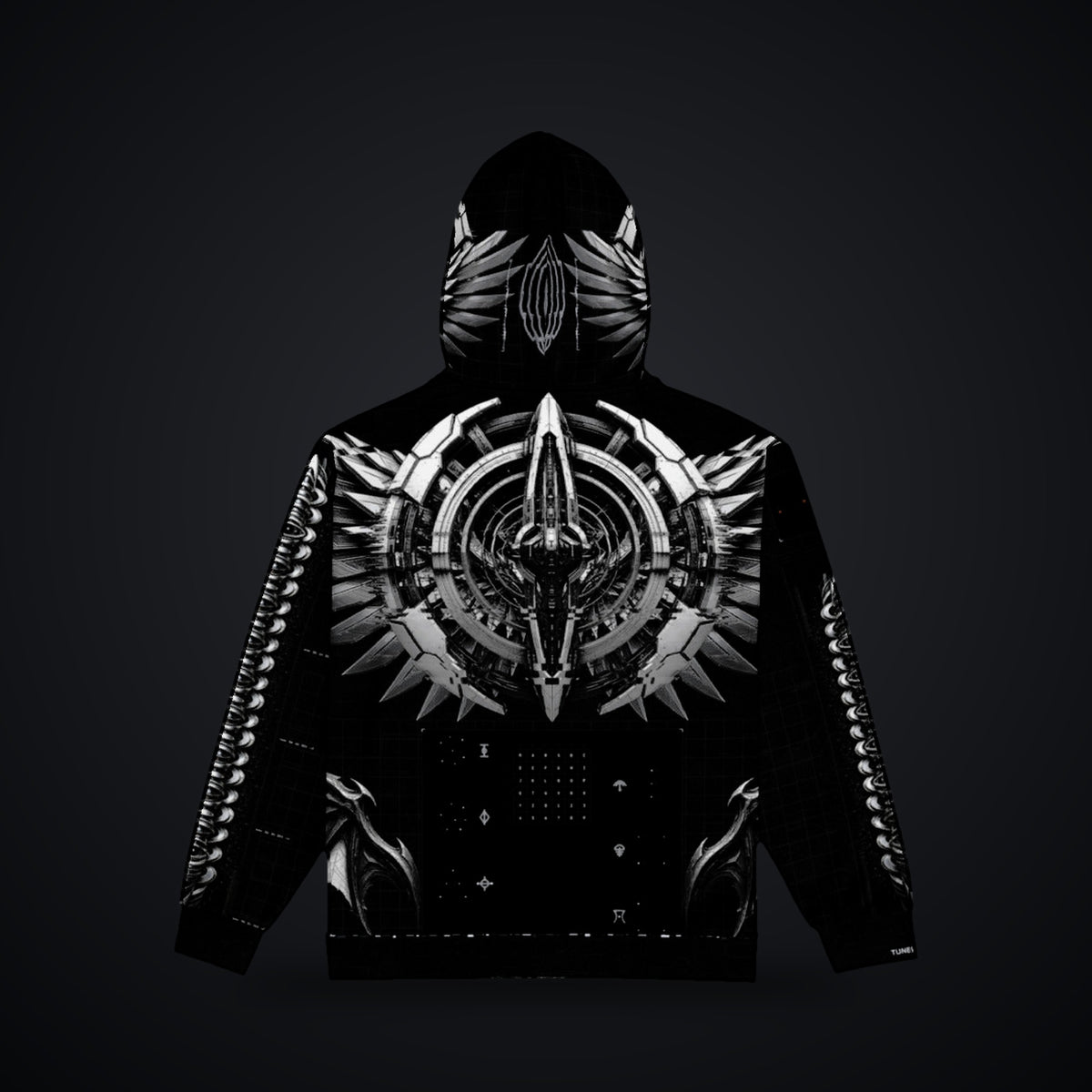 Deep Field Rite Zip Hoodie: black rave zip hoodie with chrome star chart design with angel wings, back view