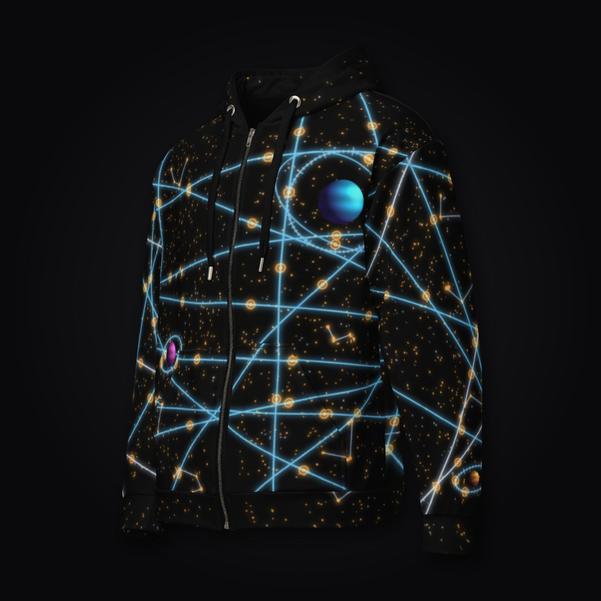 Deep Survey zip hoodie in black, left-front angle: cyan laser lines over gold stars with a blue planet on the chest