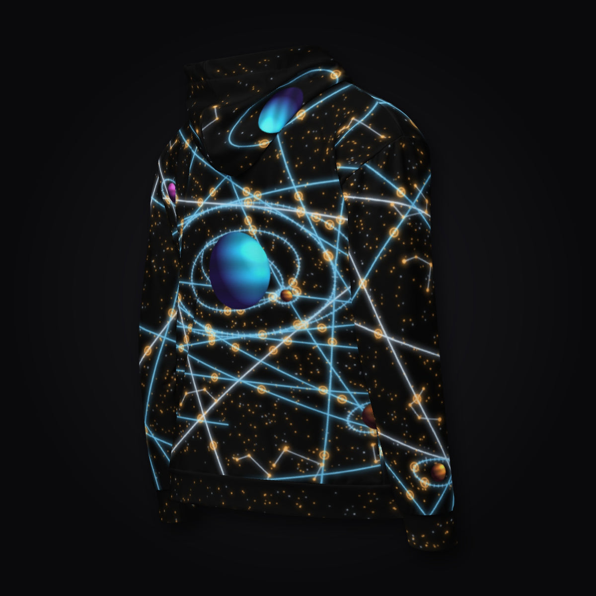 Deep Survey zip hoodie in black, right-back angle: a large blue planet in orbit at the center of the back, crossed by cyan laser lines