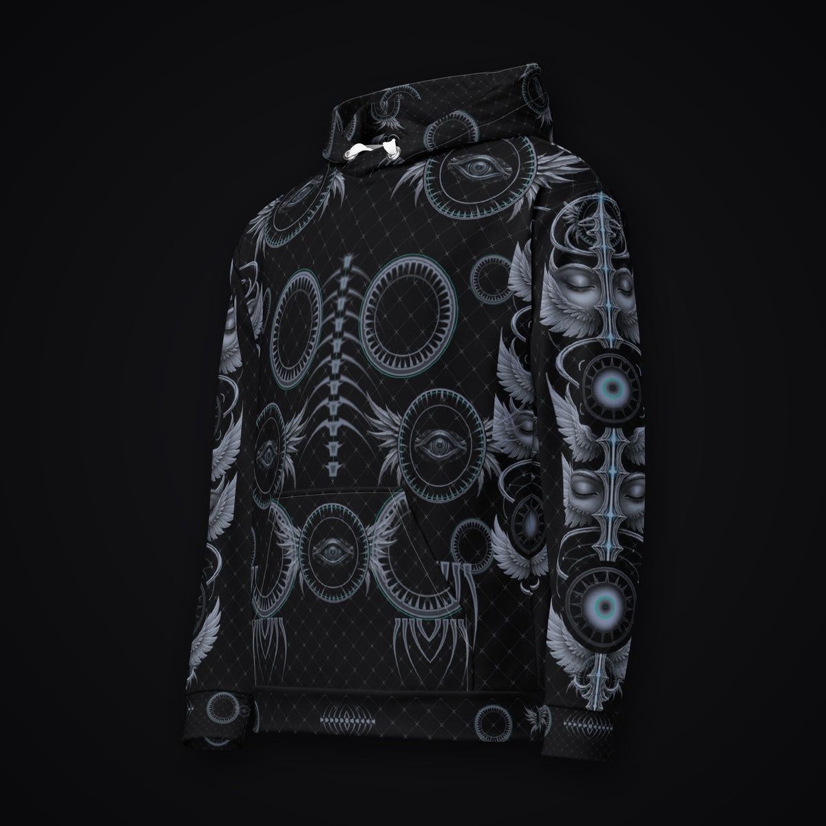 Grave Mirror Gothic Rave Hoodie, left front three-quarter view, black with silver-grey occult artwork