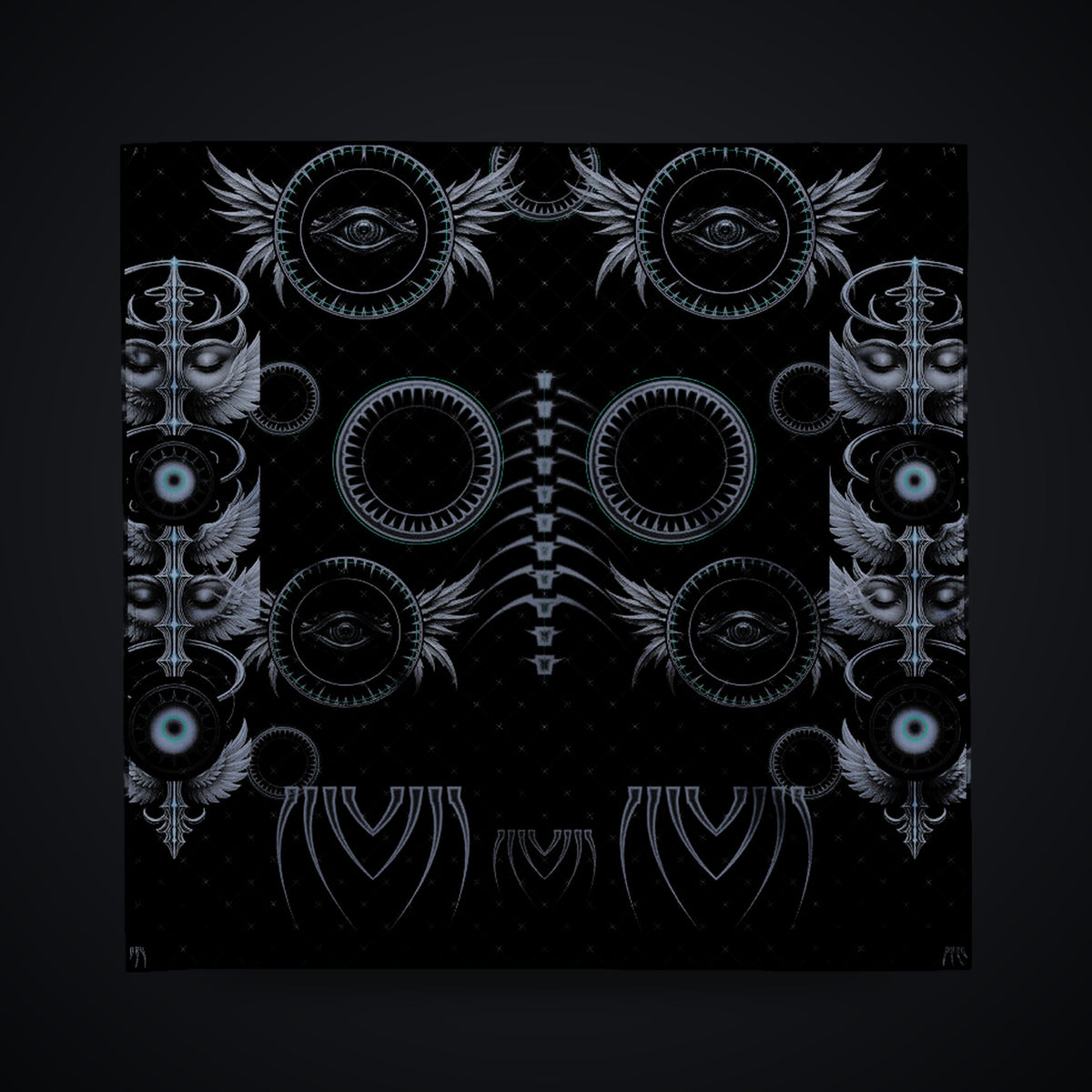 Grave Mirror Gothic Rave Bandana: black rave bandana with gunmetal winged eye design with mint accents, front view