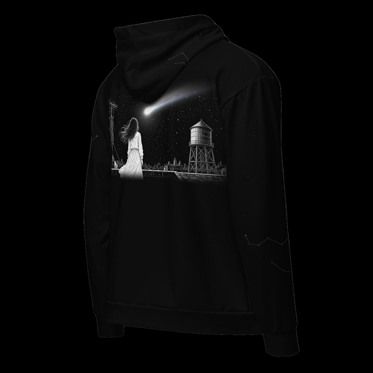 Last Call Zip Hoodie: black rave zip hoodie with comet over girl and water tower night scene, back angle view