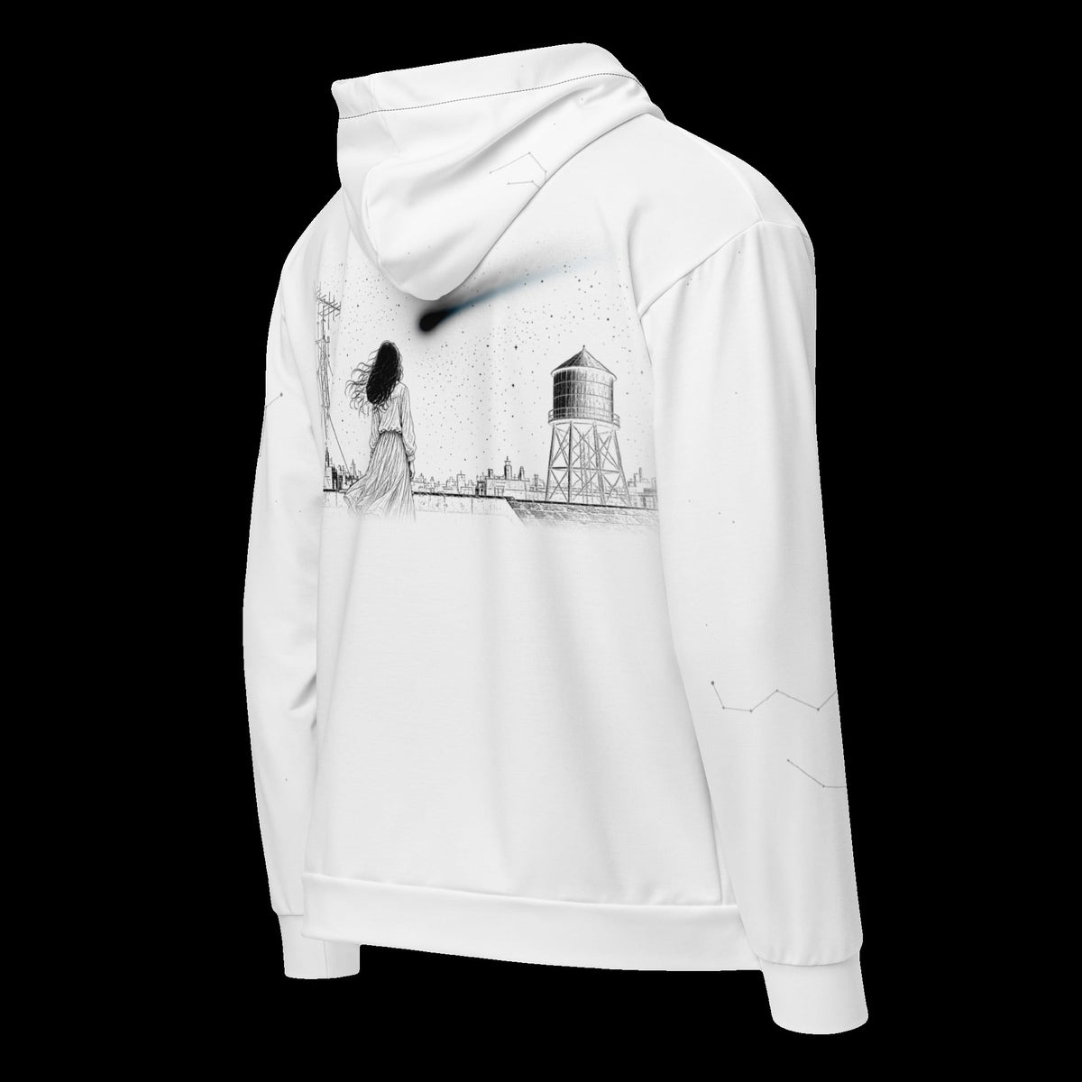 Last Call Zip Hoodie: white rave zip hoodie with comet over girl and water tower scene, back angle view