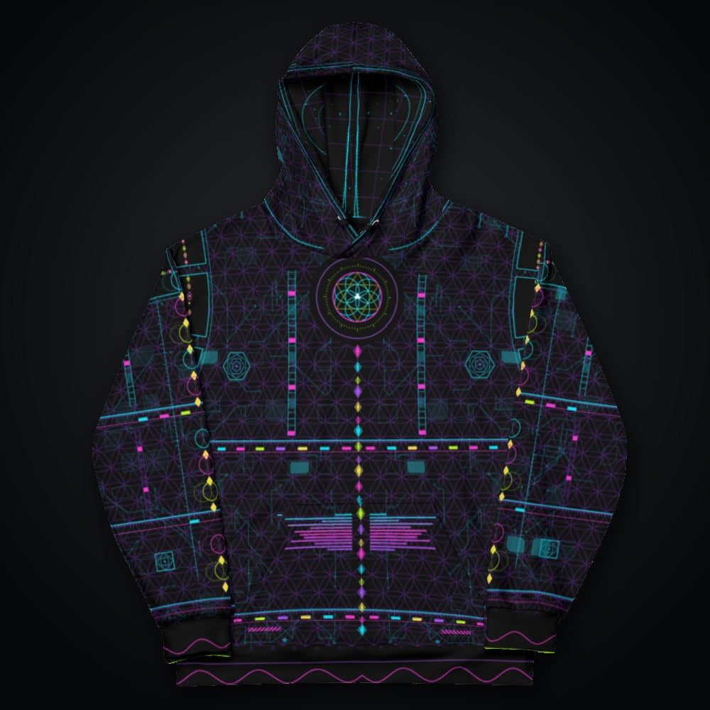 Metatron Pulse Hoodie: black rave hoodie with neon cyan, magenta and violet sacred geometry design, front view