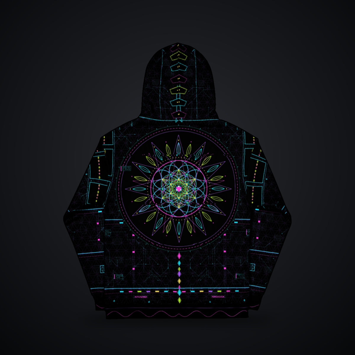 Metatron Pulse Hoodie: black rave hoodie with neon cyan, magenta and violet sacred geometry design, back view