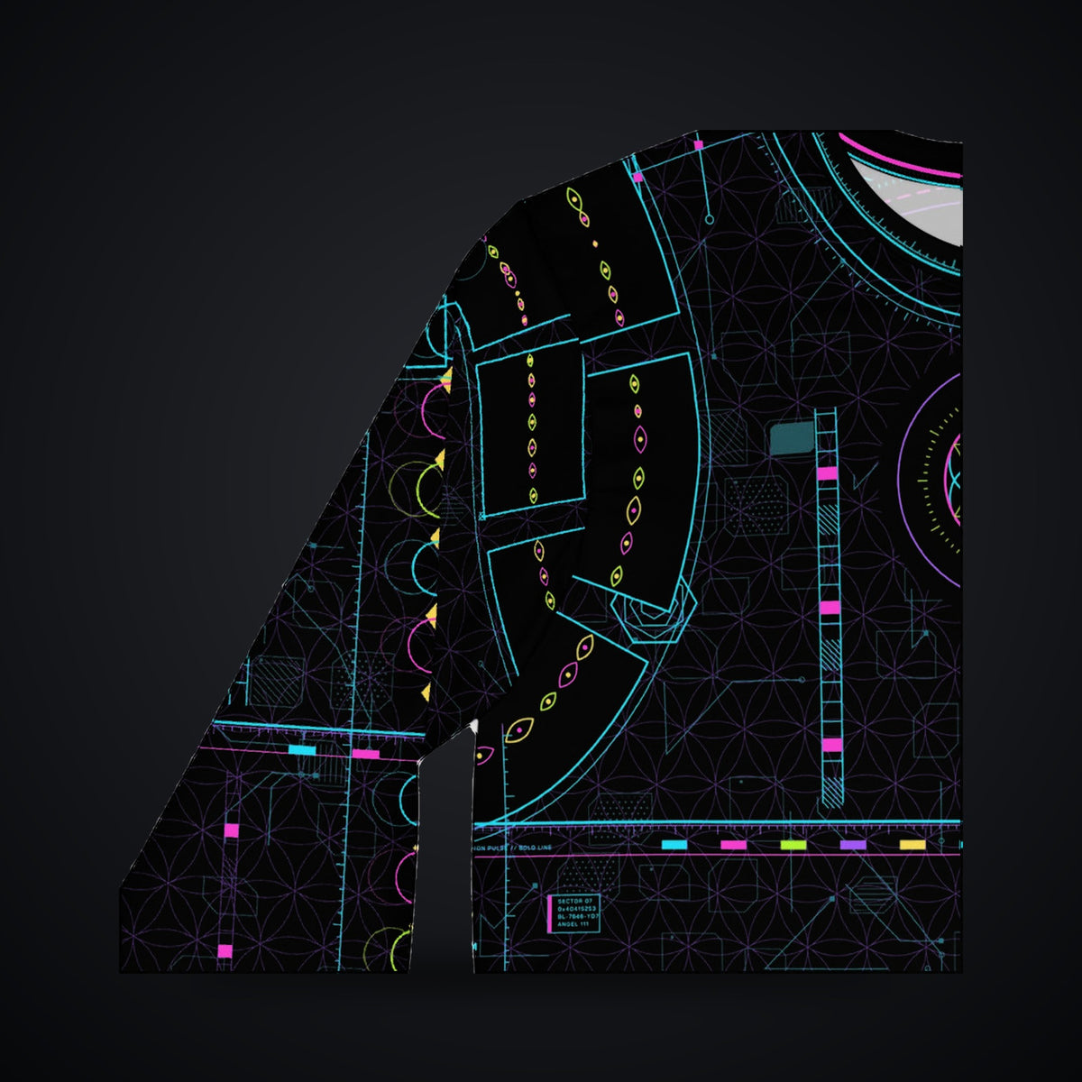 Metatron Pulse Long Sleeve: black rave long sleeve shirt with neon cyan, magenta and violet sacred geometry design, sleeve and shoulder detail view