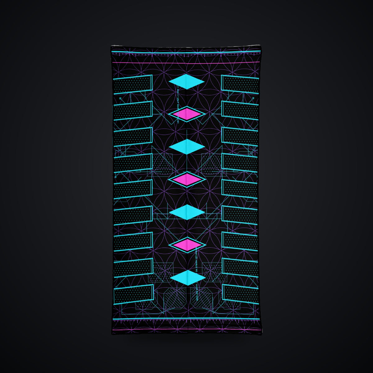 Metatron Pulse Neck Gaiter: black rave neck gaiter with neon cyan, magenta and violet sacred geometry design, back view
