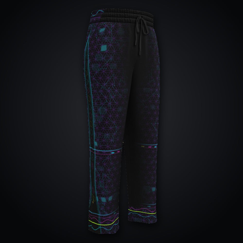 Metatron Pulse Wide-Leg Joggers: black wide-leg rave joggers with neon cyan, magenta and violet sacred geometry design