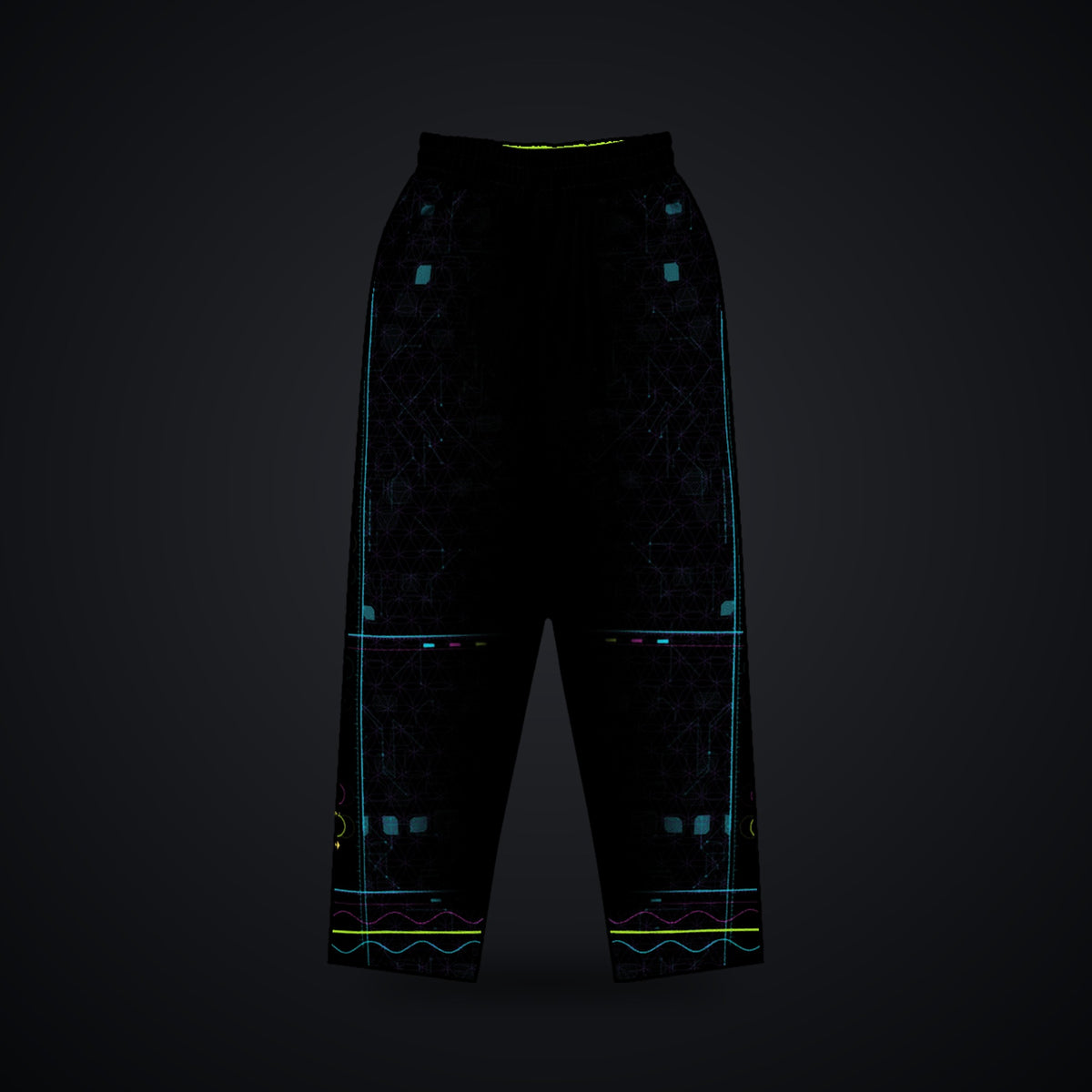 Metatron Pulse Wide-Leg Joggers: black wide-leg rave joggers with neon cyan, magenta and violet sacred geometry design, front view