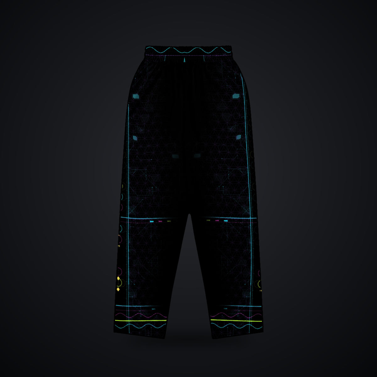 Metatron Pulse Wide-Leg Joggers: black wide-leg rave joggers with neon cyan, magenta and violet sacred geometry design, back view