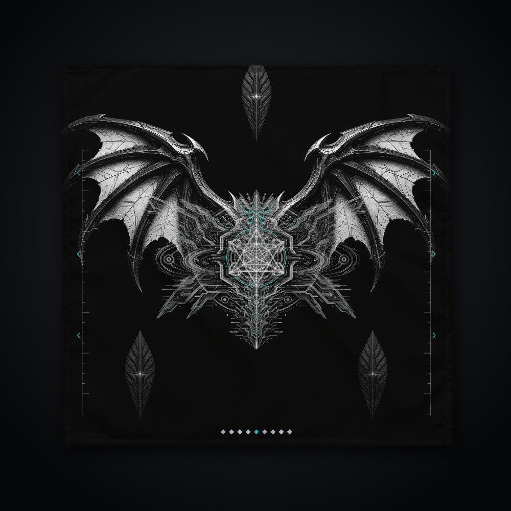 Neon Sigil Bandana: black rave bandana with chrome bat wing sigil design and ice-cyan accents