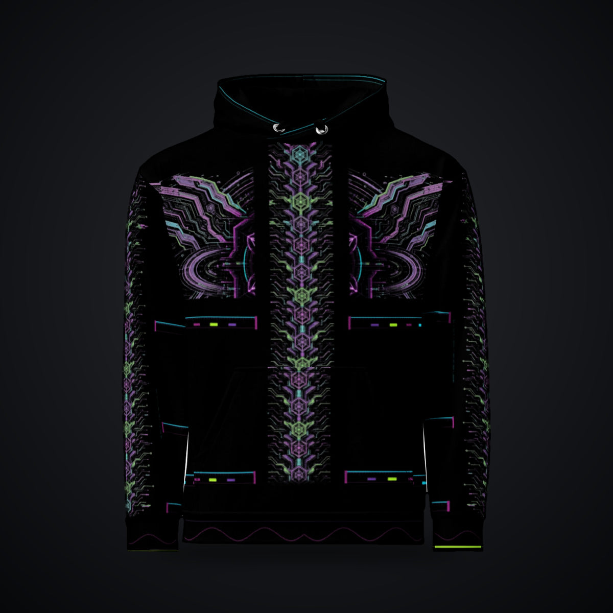 Neon Sigil Hoodie: black rave hoodie with neon violet sigil and gunmetal armor wing design, front view
