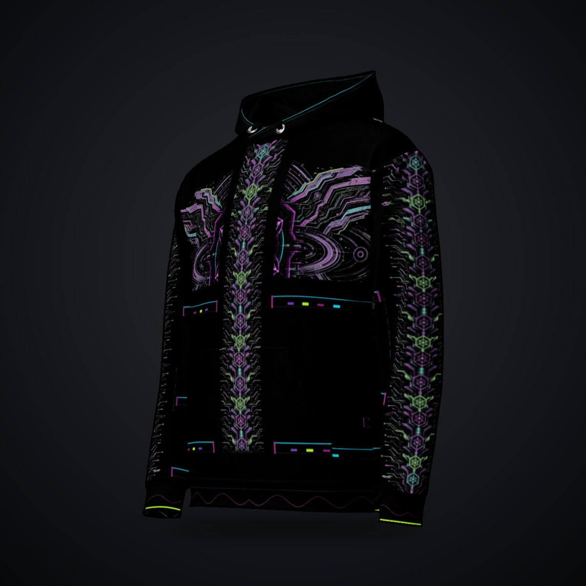 Neon Sigil Hoodie: black rave hoodie with neon violet sigil and gunmetal armor wing design, left front view