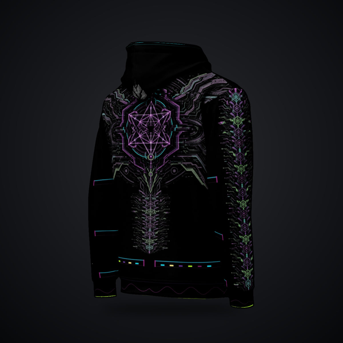 Neon Sigil Hoodie: black rave hoodie with neon violet sigil and gunmetal armor wing design, right back view