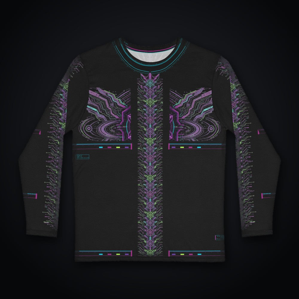 Neon Sigil Long Sleeve: black rave long sleeve shirt with neon violet sigil and gunmetal armor wing design