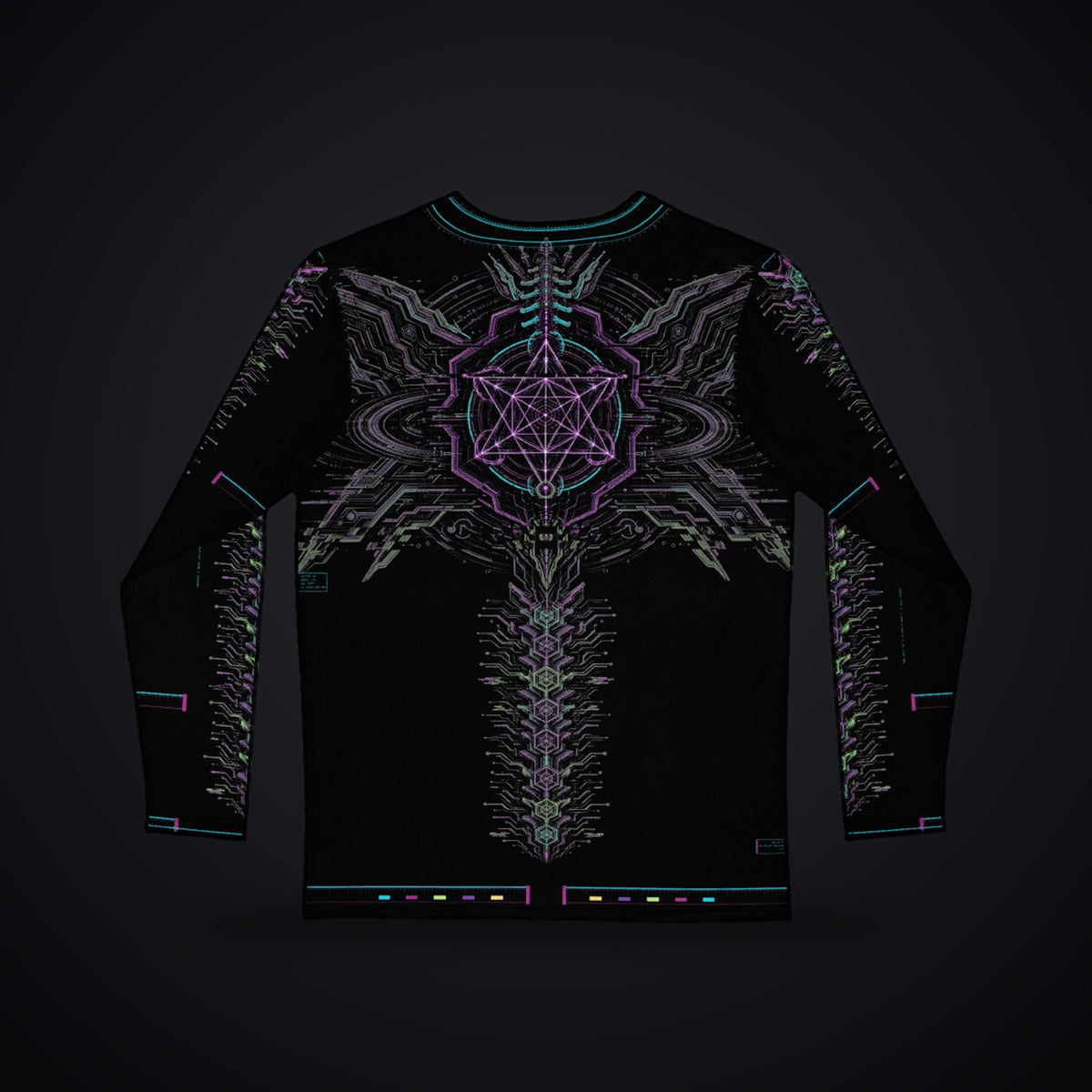 Neon Sigil Long Sleeve: black rave long sleeve shirt with neon violet sigil and gunmetal armor wing design, back view