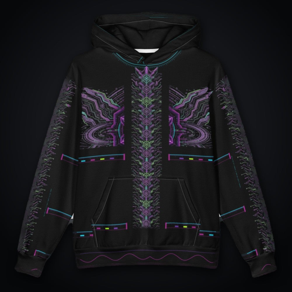 Neon Sigil Oversized Cotton Hoodie: black oversized rave hoodie with neon violet sigil and gunmetal armor wing design