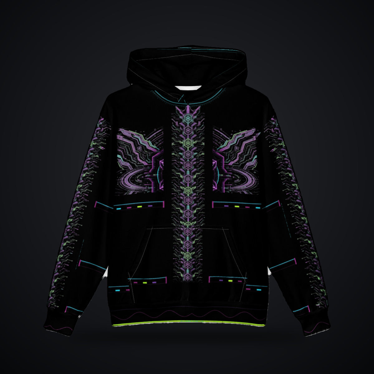 Neon Sigil Oversized Cotton Hoodie: black oversized rave hoodie with neon violet sigil and gunmetal armor wing design, front view