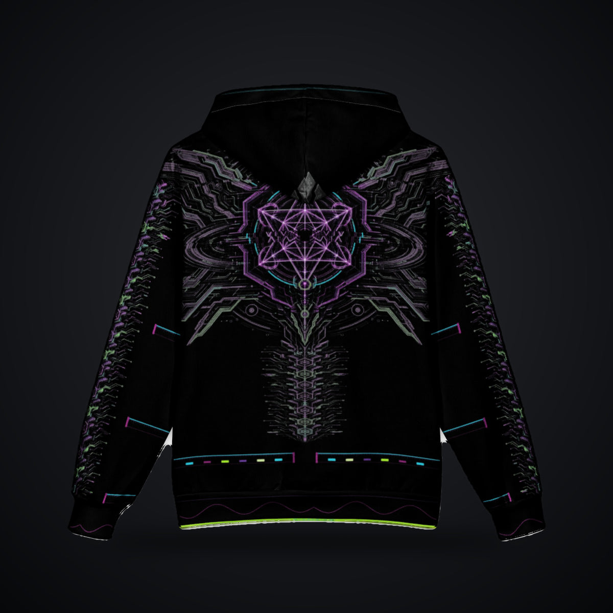 Neon Sigil Oversized Cotton Hoodie: black oversized rave hoodie with neon violet sigil and gunmetal armor wing design, back view